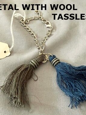 BRACELET WOOL TASSELS, GREY AND BLUE, SILVER TONE CHAIN, 2 ½ X 1 Inches TASSELS,